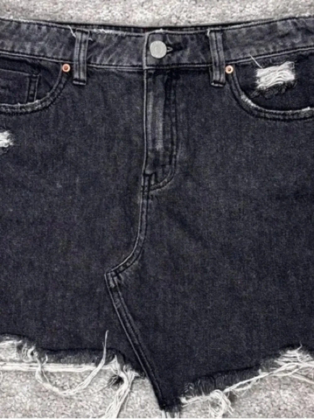 Frayed Hem Black Denim Mini Skirt
